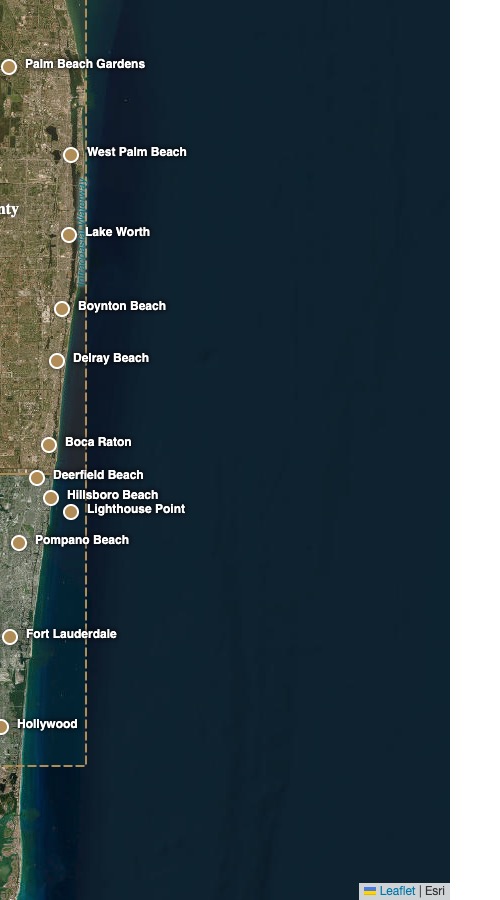 Map showing Palm Beach and Broward County coverage area along the Intracoastal waterway