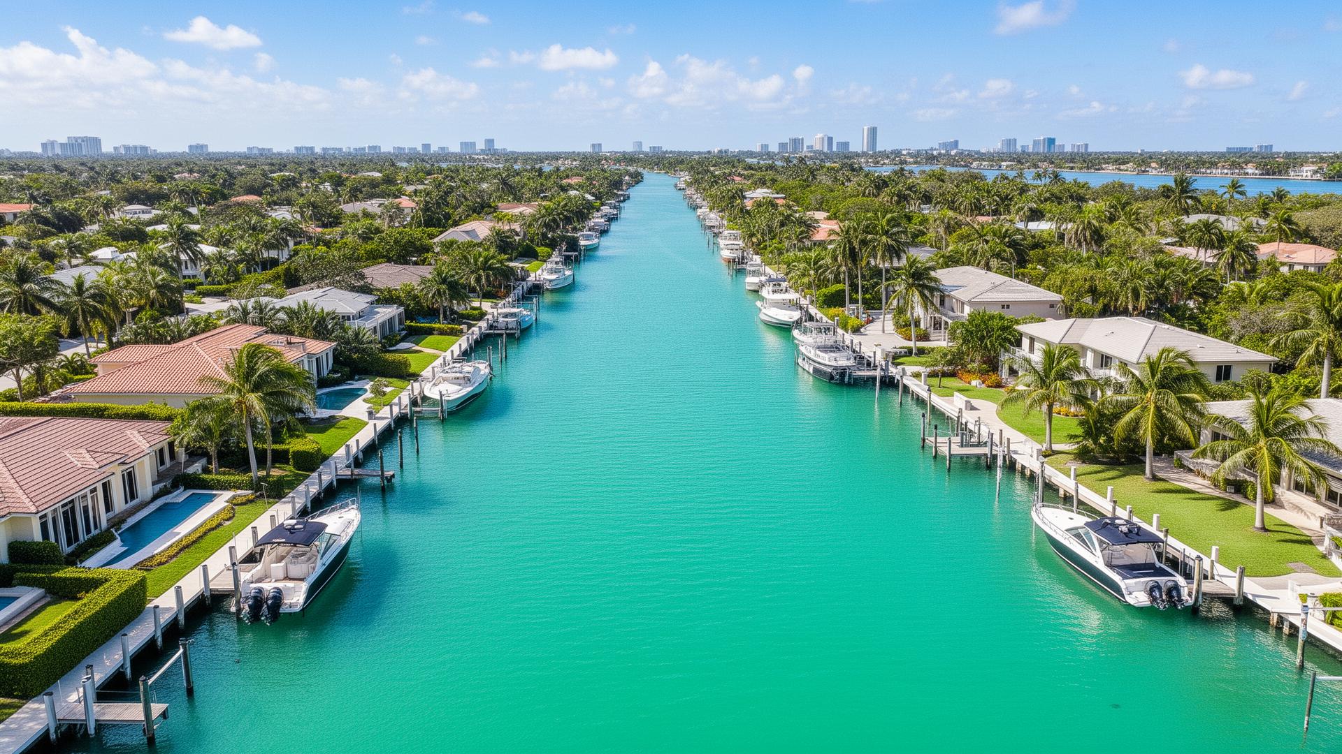 Aerial view of South Florida canal neighborhood with boats docked at waterfront homes